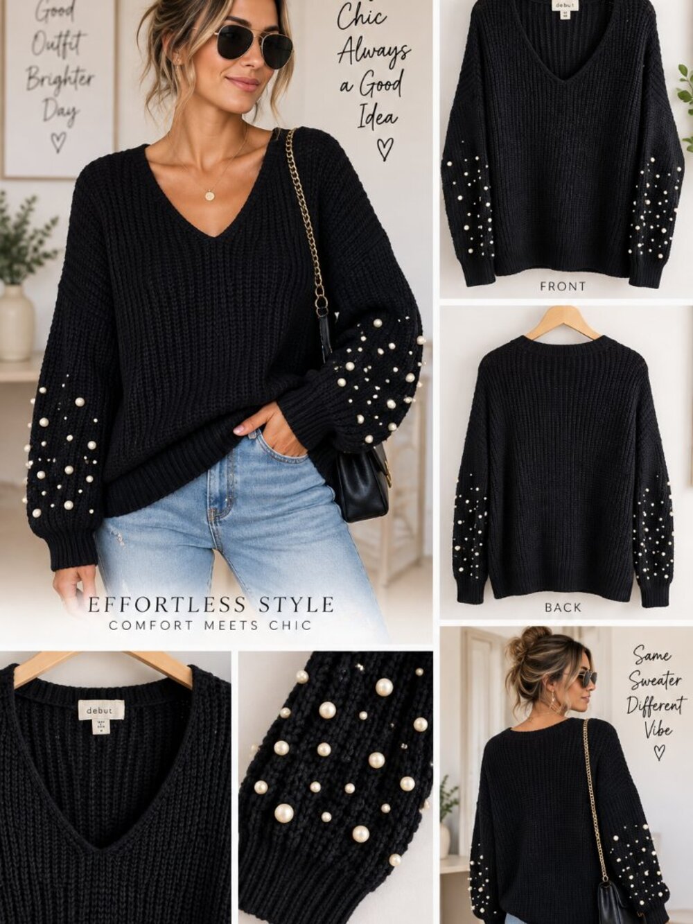 Debut Black V-Neck Sweater with Pearl Accents Size M